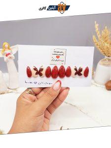 ناخن مصنوعی با مواد کاشت درجه 1 رنگ کرم و زرشکی طرح پروانه