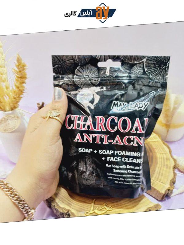 پک سه تایی صابون ذغال آنتی آکنه CHARCOAL ANTI ACNE و ژل شستشو و لیف مکس لیدی کد MX2320