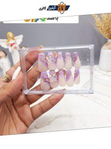 ناخن مصنوعی وارداتی با ساخت یک لایه ژل طرح فرنچ خط و پاپیون رنگ بنفش (به همراه پک اختصاصی)