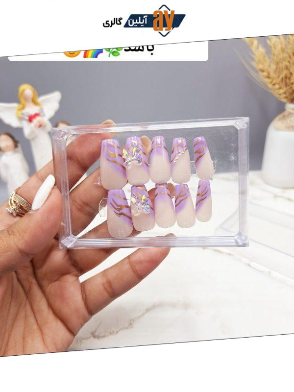 ناخن مصنوعی وارداتی با ساخت یک لایه ژل طرح فرنچ خط و پاپیون رنگ بنفش (به همراه پک اختصاصی)