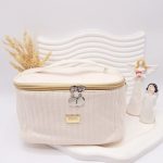 کیف لوازم آرایشی چرمی دوخت شده (رنگ کرم) FASHION