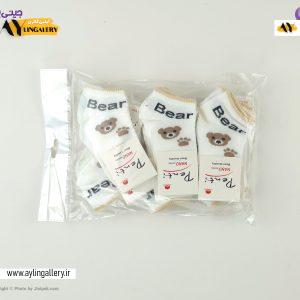 جوراب مچی نخی نوزادی طرح تدی سفید