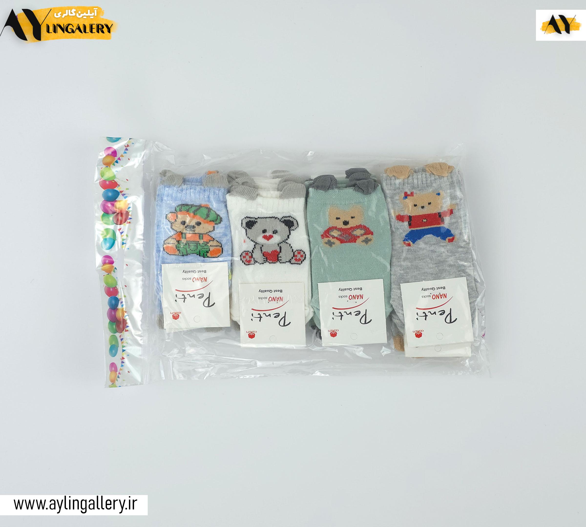 جوراب مچی نخی نوزادی گوشدار طرح خرس تدی