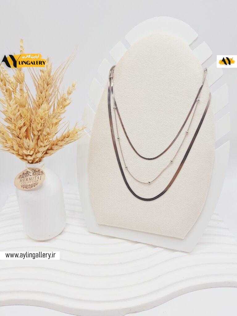 گردنبند دو لاین ماری و توپی نقره ای
