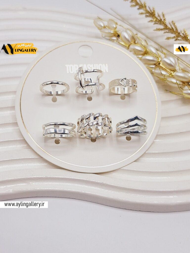 پک انگشتر 6 تایی رادیوم چند ضلعی نقره ای