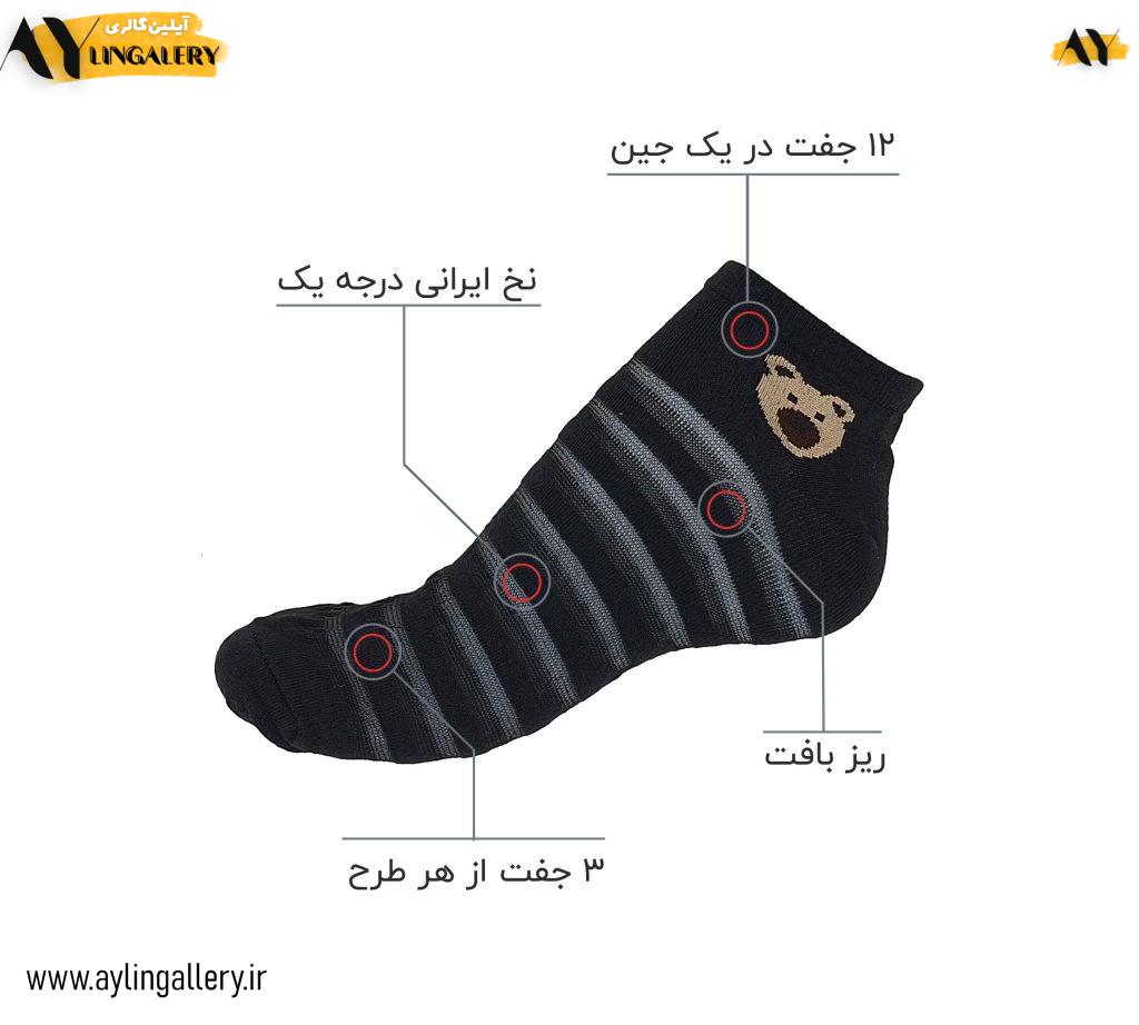 جوراب مچی نخی زنانه فانتزی راه راه شیشه ای طرح تدی