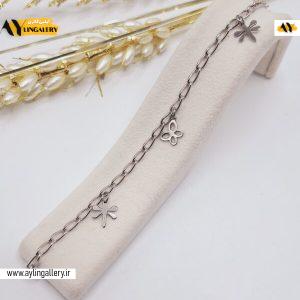 دستبند زنجیری طرح گلبرگ و پروانه استیل