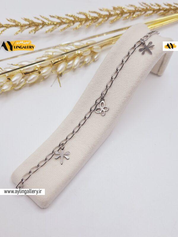 دستبند زنجیری طرح گلبرگ و پروانه استیل