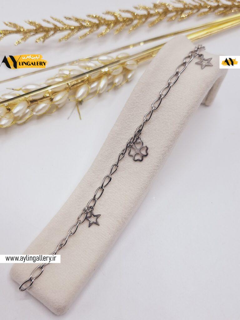 دستبند زنجیری طرح گل قلبی و ستاره استیل