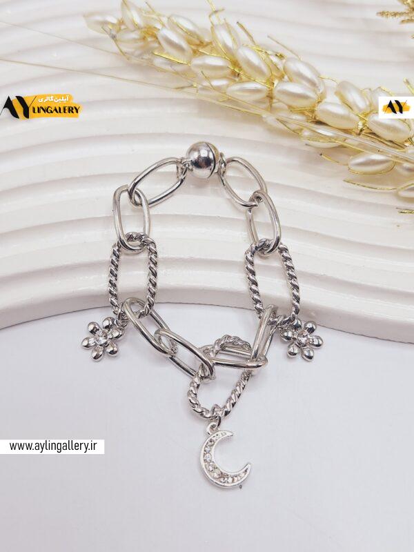 دستبند ترند طنابی طرح گل نقره ای