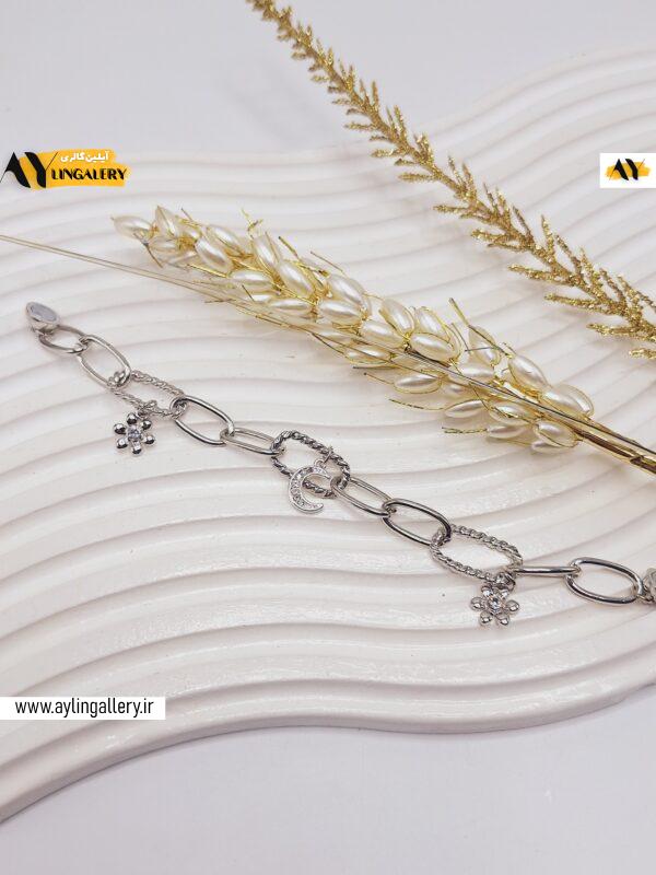 دستبند ترند طنابی طرح گل نقره ای