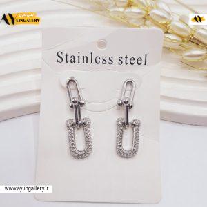 گوشواره تیفانی نگین دار تک رنگ نقره ای